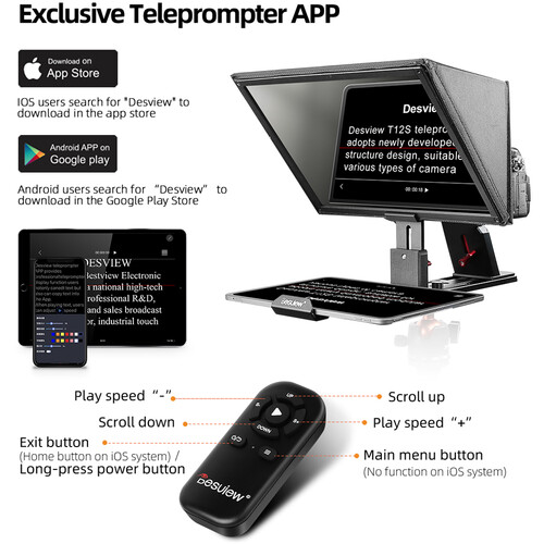  Desview T12S 12.9in Portable Teleprompter for Smartphone/Tablets with Remote Control